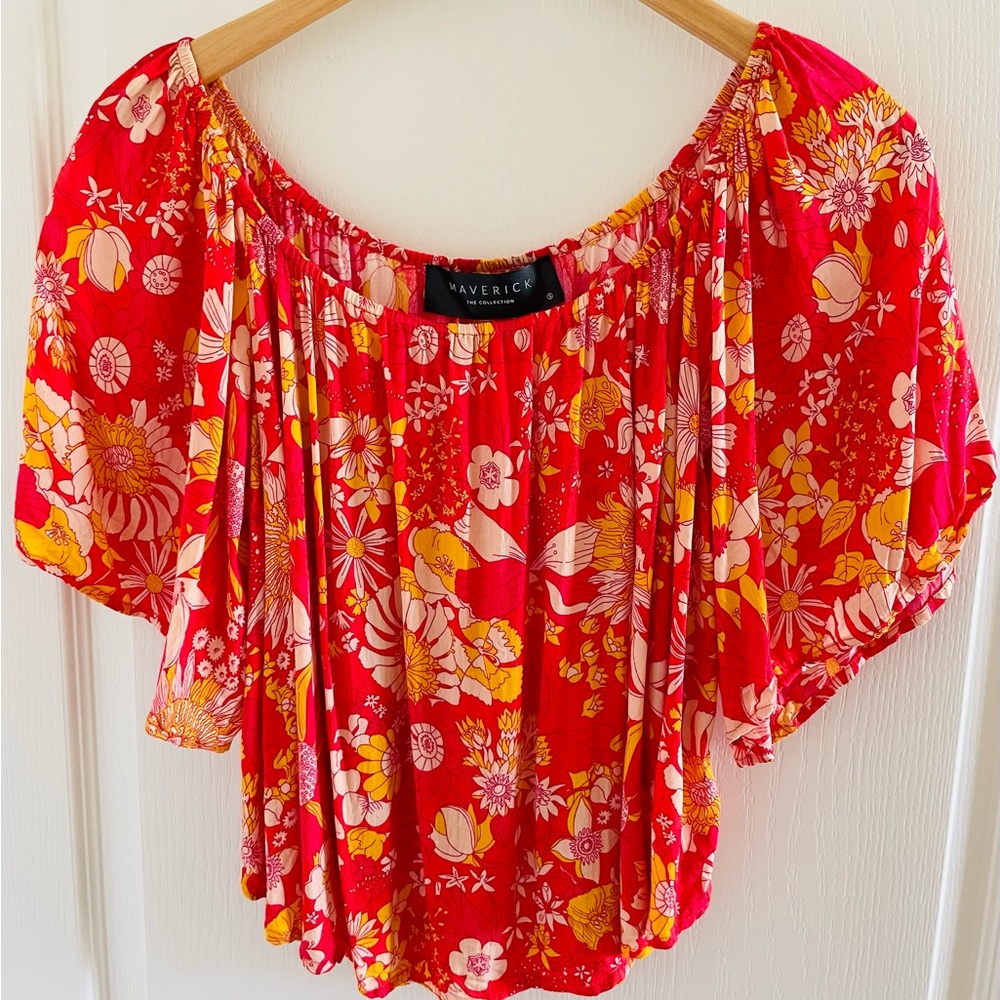 Maverick Coral Floral Flutter Sleeve Ruched Blouse